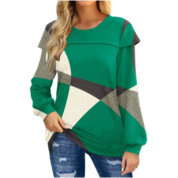 Puntoco Moda Mujer Cuello Redondo Bloqueo De Color Cómoda Camiseta Suelta Blusa De Manga Larga Tops Casuales Puntoco Puntoco-4390
