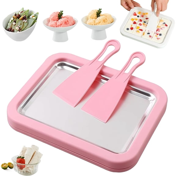 At-Home Rolled Ice Cream Maker Kit, Instant Ice Cream Maker with 2 Scrapers, DIY Rolled Ice Cream Tray for Rolled Ice Cream, Soft Serve, Slushies, Frozen Yogurt, Fruity Sorbet, and Gelato (Pink)