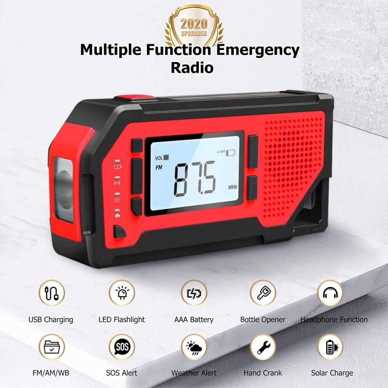 2020 Newest Emergency Crank Radio Cell Phone Charger SOS Alarm for Home and Emergency 2000mAh-Solar Hand Crank Portable AM/FM/NOAA Weather Radio with 1W Flashlight & Motion Sensor Reading Lamp 