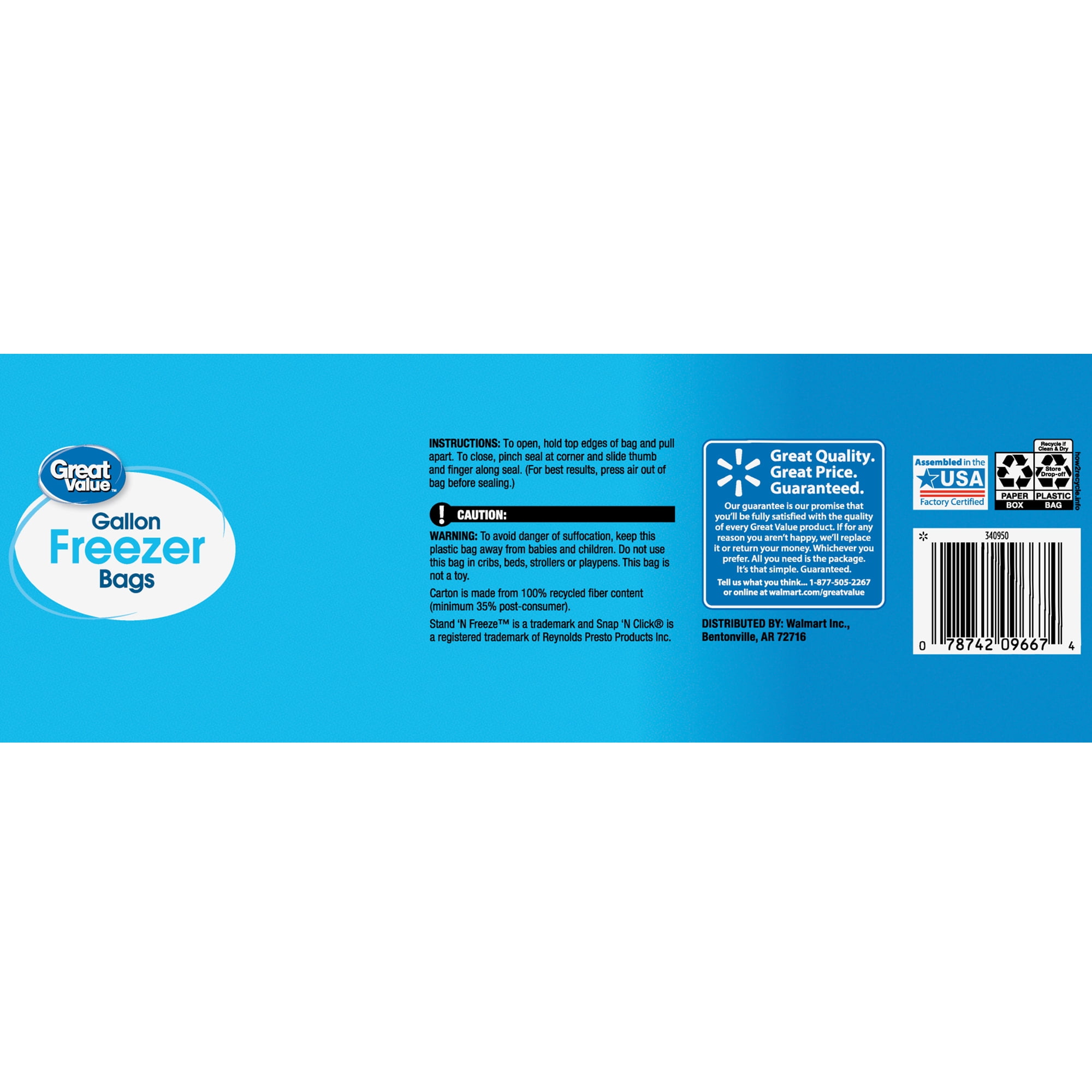 Great Value Freezer Guard Double Zipper Freezer Bags, Quart, 50 Count