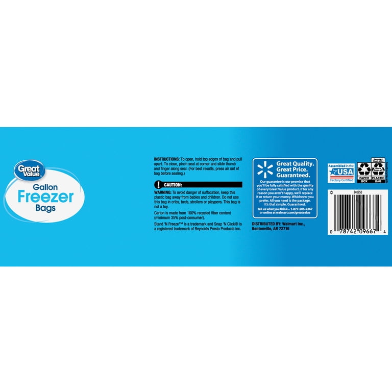 Great Value Fresh Seal Double Zipper Gallon Freezer Bags, 60 Count