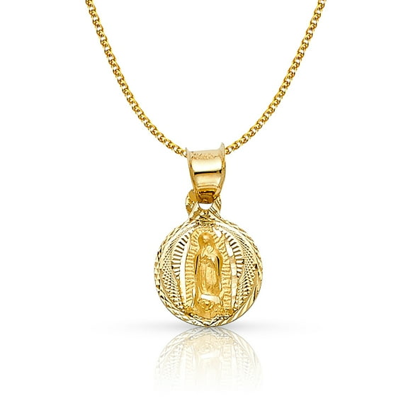 Ioka-14K Yellow Gold Diamond Cut Our Lady of Guadalupe Stamp Charm Pendant with 1.2mm Flat Open Wheat Chain Necklace - 16"