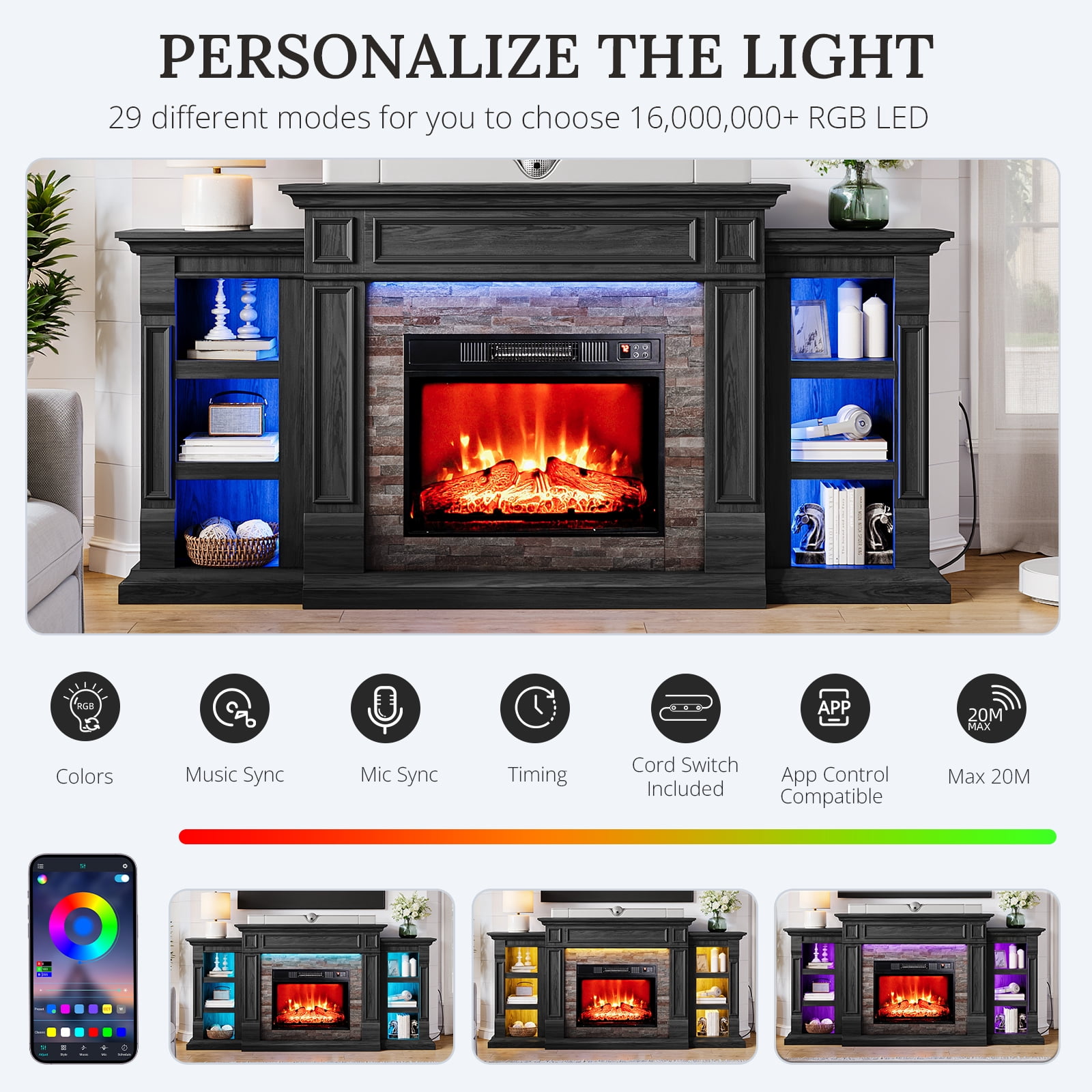 LGHM 72" Electric Fireplace TV Stand with Mantel, Farmhouse Entertainment Center for TVs up to 80" with LED Light, Black