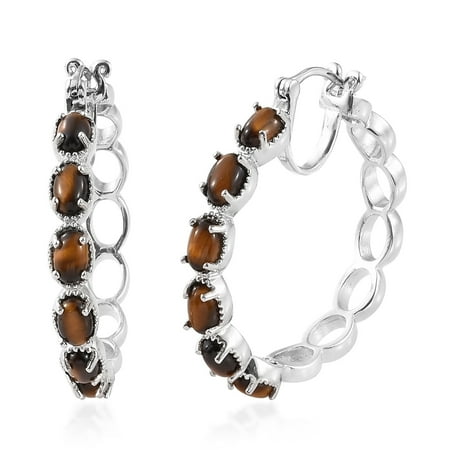 Tiger Tigers Eye Earrings - Platinum Oval Tigers Eye Hoops, Hoop Earrings for Women Jewelry Gift