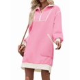 thumbnail image 2 of Women'S Oversized Sweatshirt Dress Half Zip V Neck Long Sleeve Contrast Fall Casual Mini Dresses Pink M, 2 of 8