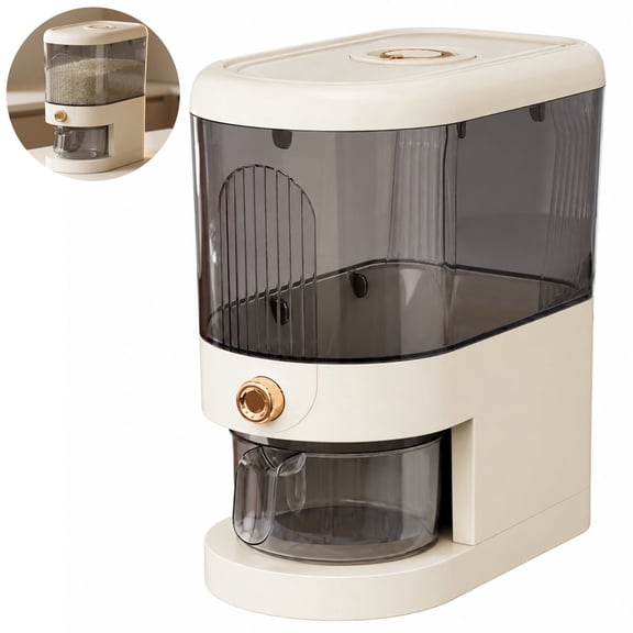 Rice Dispenser, 12x 11 x 6.9 Inch Rice Container with Measuring Cup, Press Button Grain Storage Box, Clear Visible Plastic Holder for Flour Beans Cereal, Pantry Kitchen Counter