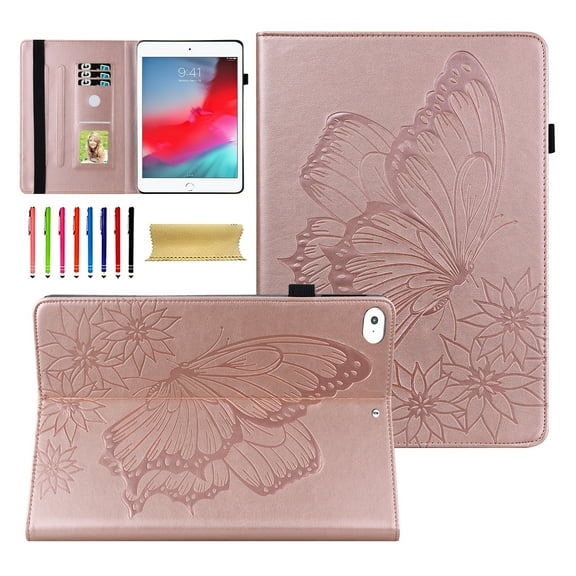 iPad mini 6 / iPad Mini 7 Case, Slim Folio Flip Stand Multi Angle Stand Pencil Holder Smart Cover Auto Sleep Wake Shockproof Butterfly Embossed Case for Apple iPad mini 6th 7th Gen 8.3", Rosegold