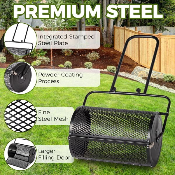 24 inch Compost Spreader for Lawn, Garden Peat Moss with Double Side Latches, Powder Coated Steel Mesh Basket for Topdressing & Seedling, Black