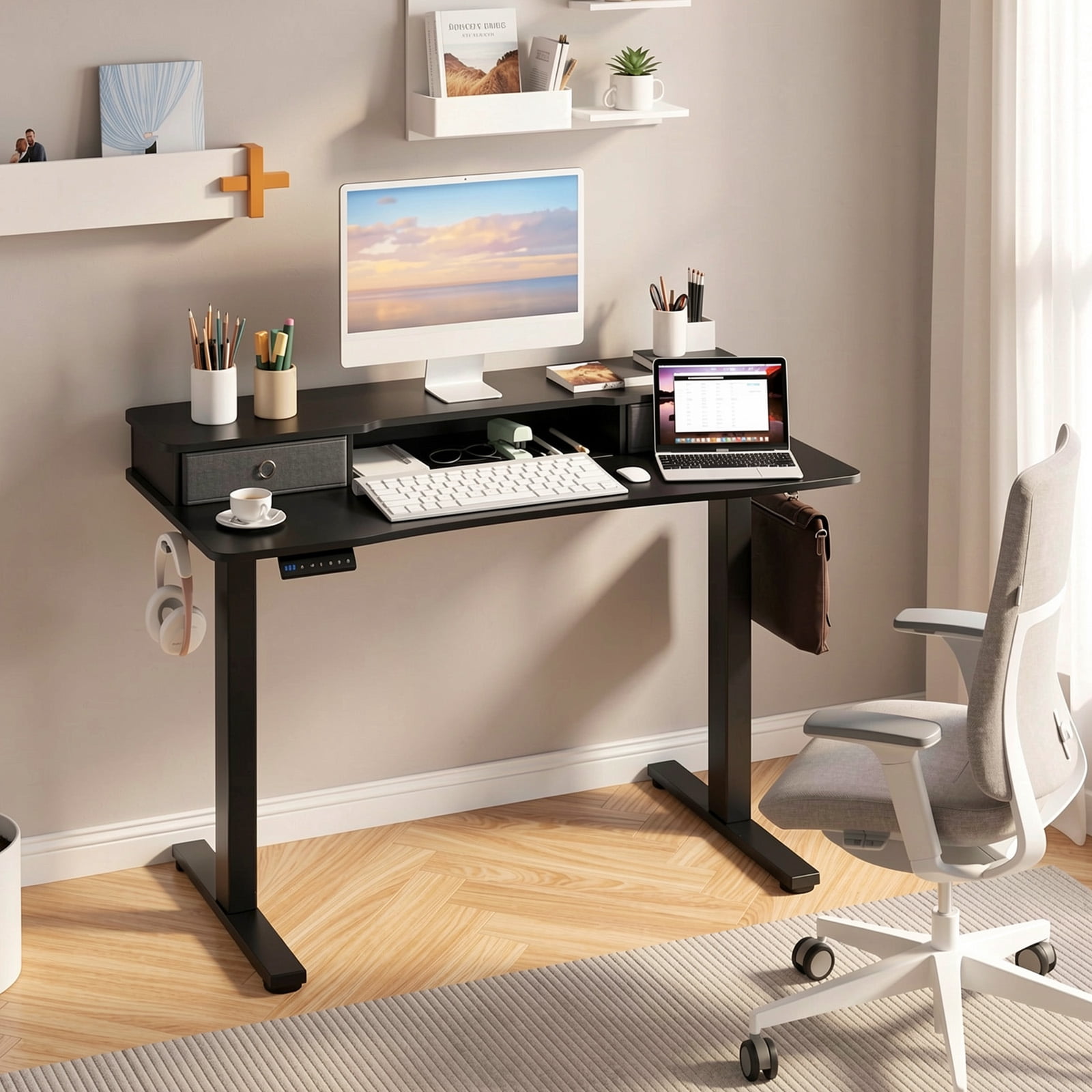 Furnibear Height Adjustable Electric Standing Desk 48 x 24 Inch with 2 Fabric Drawers Monitor Shelf and 3 Memory Settings in Black