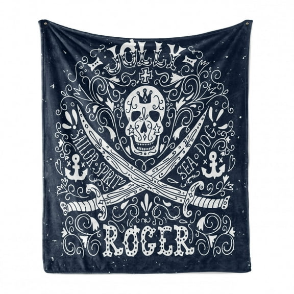 Skull Soft Flannel Fleece Throw Blanket, Pirates Jolly Roger Flag Sailor Crossed Tools Theme in Blue Tones, Cozy Plush for Indoor and Outdoor Use, 70" x 90", Dark Blue and White, by Ambesonne
