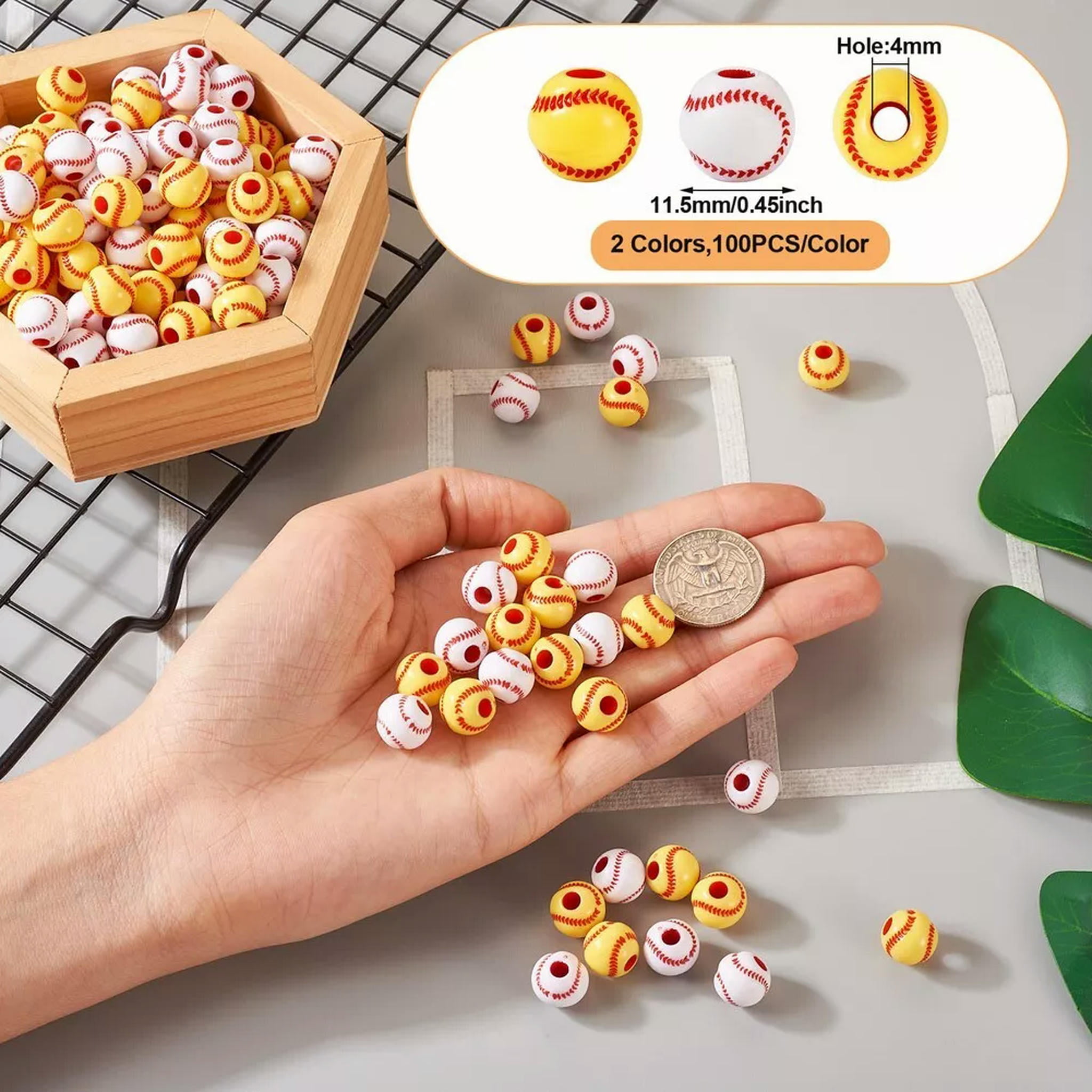U8MO 200Pcs 2 Colors Opaque Acrylic Baseball Round Beads Jewelry Making 11.5x10.5mm