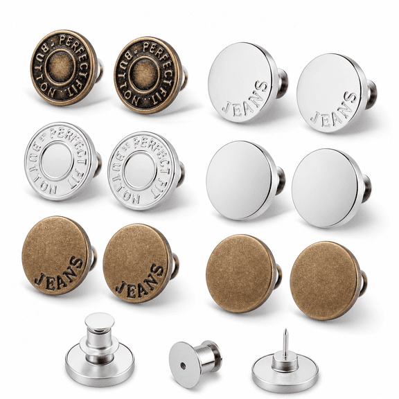 Jean Buttons for Loose Jeans, 12 No-Sew Replacement Sets, 17 mm Metal Waist Tightener Buttons