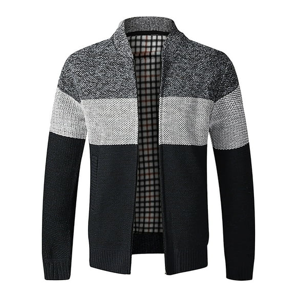 Mens Sweater Cardigan Mens Casual Thick Cardigan Sweater Color Stitching Jacket Collar Top M-XXL
