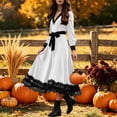 thumbnail image 4 of Ygbgbb Women's Long Sleeve V‑Neck Midi Dress, Lace Trim Bow Waist Medieval Gothic Dress for Halloween Cosplay Themed Parties White L, 4 of 5