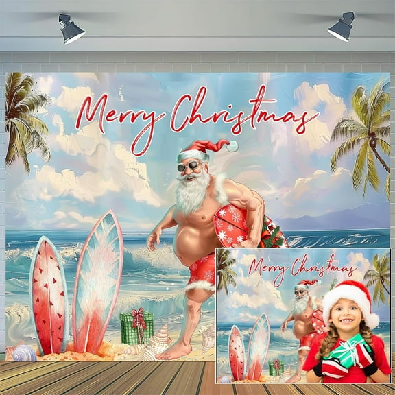 10 x 8 ft Merry Christmas Backdrop Funny Xmas Santa Tropical Beach Photography Background Summer Beach Santa Claus Party Decoration Banner Photo Booth Studio Props