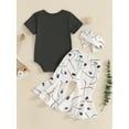 thumbnail image 5 of Qmyliery Baby Girl Summer Outfits Letter Print Short Sleeve Round Neck Romper + Ice Hockey Print Flare Pants + Headband 3 6 12 18 Months, 5 of 9