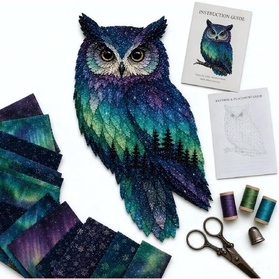 Northern Lights Wildlife DIY Patchwork Kit, Creative Fabric Craft Sewing Kit for Adults, Handmade Home Decor Project, Relaxing DIY Art Activity, Unique Gift for Craft Lovers(Owl)