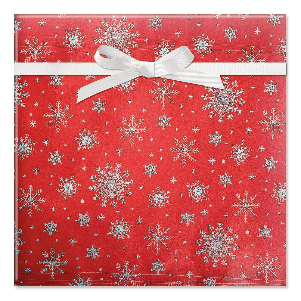 Silver Snowflakes on Red Foil Christmas Rolled Gift Wrap 1 Giant Roll