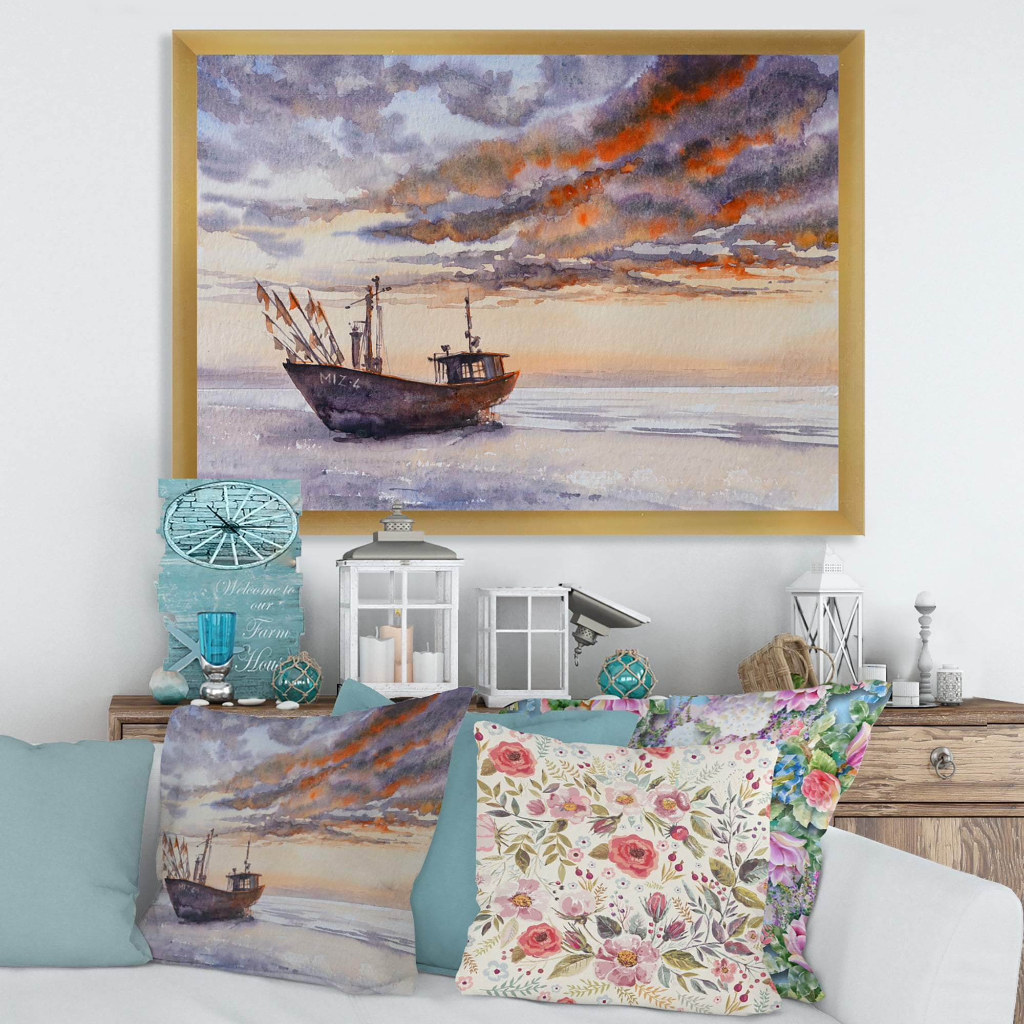 Designart 'Wooden Fishing Boat On The Baltic Shore With Evening Clouds' Nautical & Coastal Framed Art Print