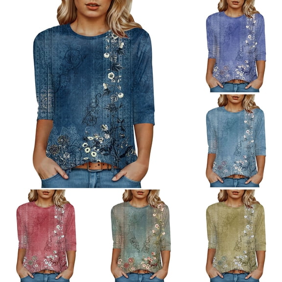 Towmus Womens 3/4 Length Sleeve Cotton Clothes Floral Print Dressy Blouses Crew Neck Casual Tunic Tops Summer Shirts Loose Fit Pullover