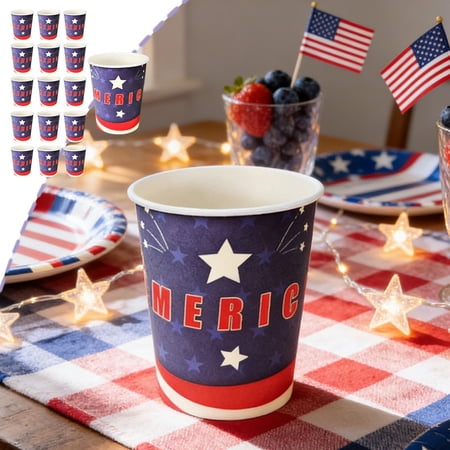 Loespoir Independence Day Patriotic Theme Disposable Tableware 16Pcs Party Tableware Disposable Paper Cups for 4th of July Beverage Use Household Paper Tableware