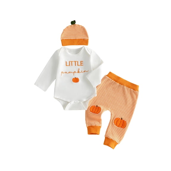 Loicainy Infant Baby Boy Halloween Outfits 3 6 12 18 Month Pumpkin Letters Embroidery Long Sleeve Crew Neck Romper Striped Pants and Hat Clothes Set