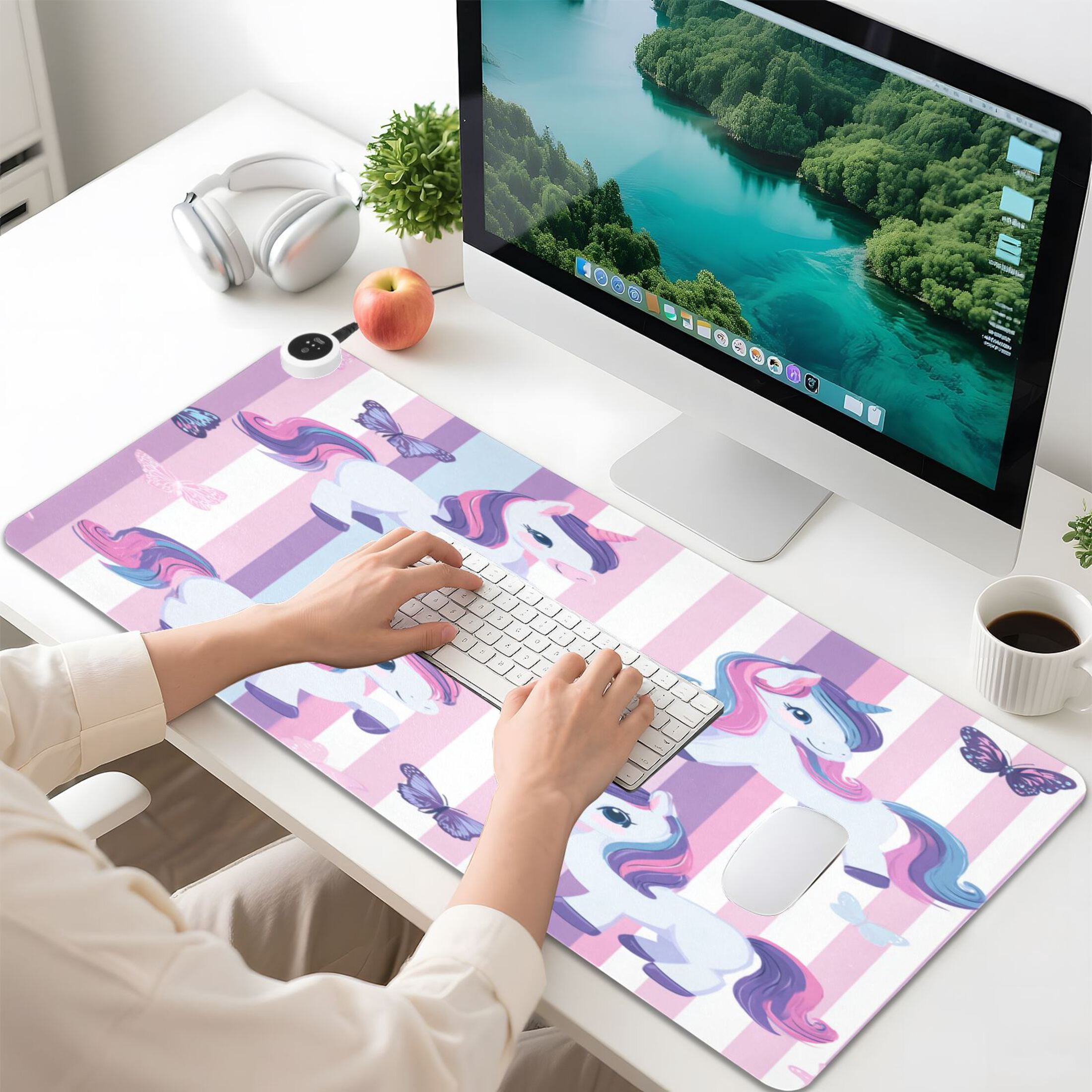 Large Heated Desk Mat Mouse Pad 31.5"x13"PU Leather Graphene Heating Desk Warmer with 3 Temperature Settings 110V US Plug Non-Slip Warm Pad for Home, Office, and Gaming Cute Pastel Unicorn Stripe