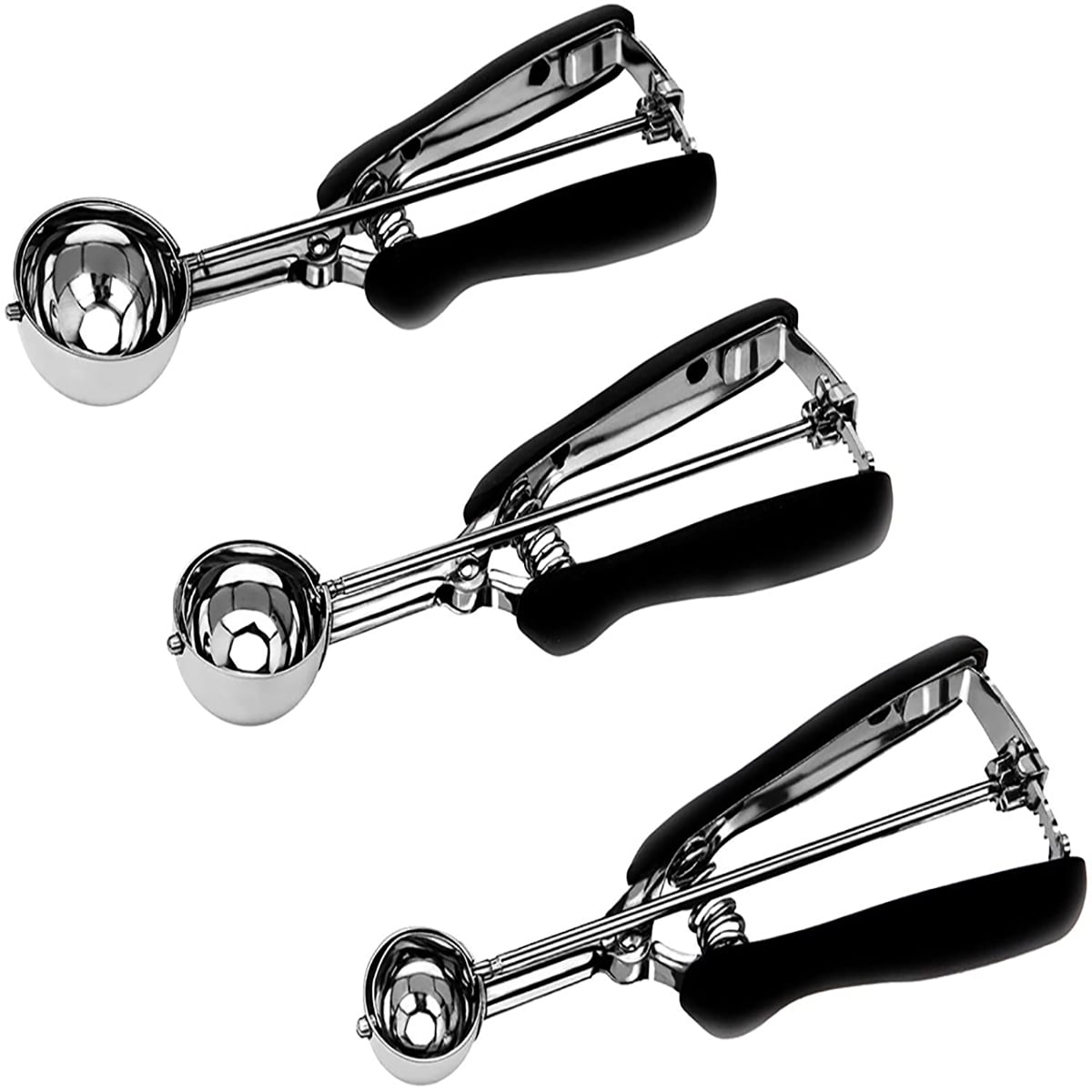 Kepooman Stainless Steel Ice Cream Scoop Set with Trigger for Cooking Baking, Set of 3, Large-Medium-Small Size, Black Kepooman Stainless Steel Ice Cream Scoop Set with Trigger for Cooking Baking, Set of 3, Large-Medium-Small Size, Black
