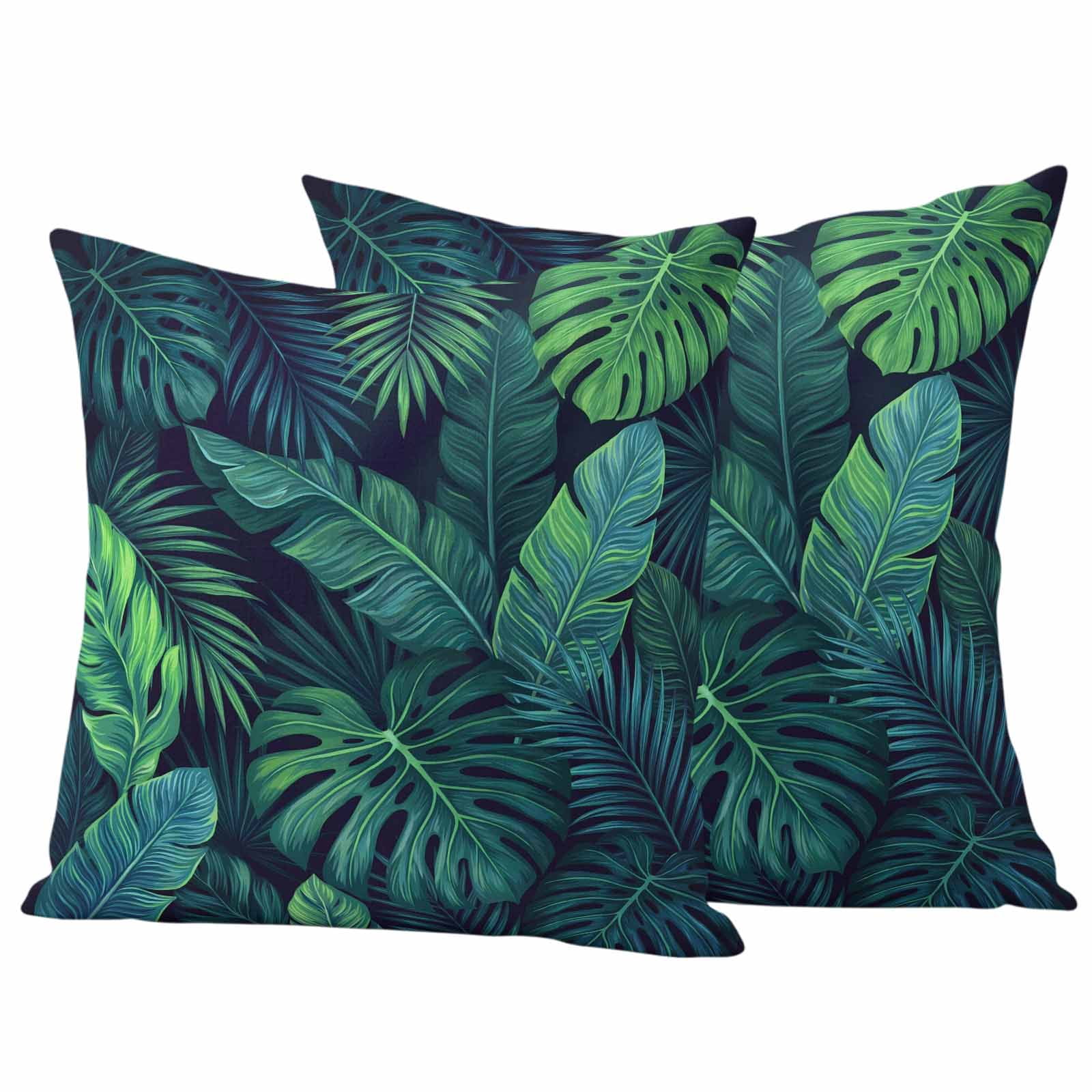 Tropical Plants Outdoor Waterproof Throw Pillow Covers 18x18 Set of 2, Summer Watercolor Teal Green Palm Leaves Decorative Pillowcases Cushion Pillowcase for Couch Sofa Patio Outside Pillow Protector