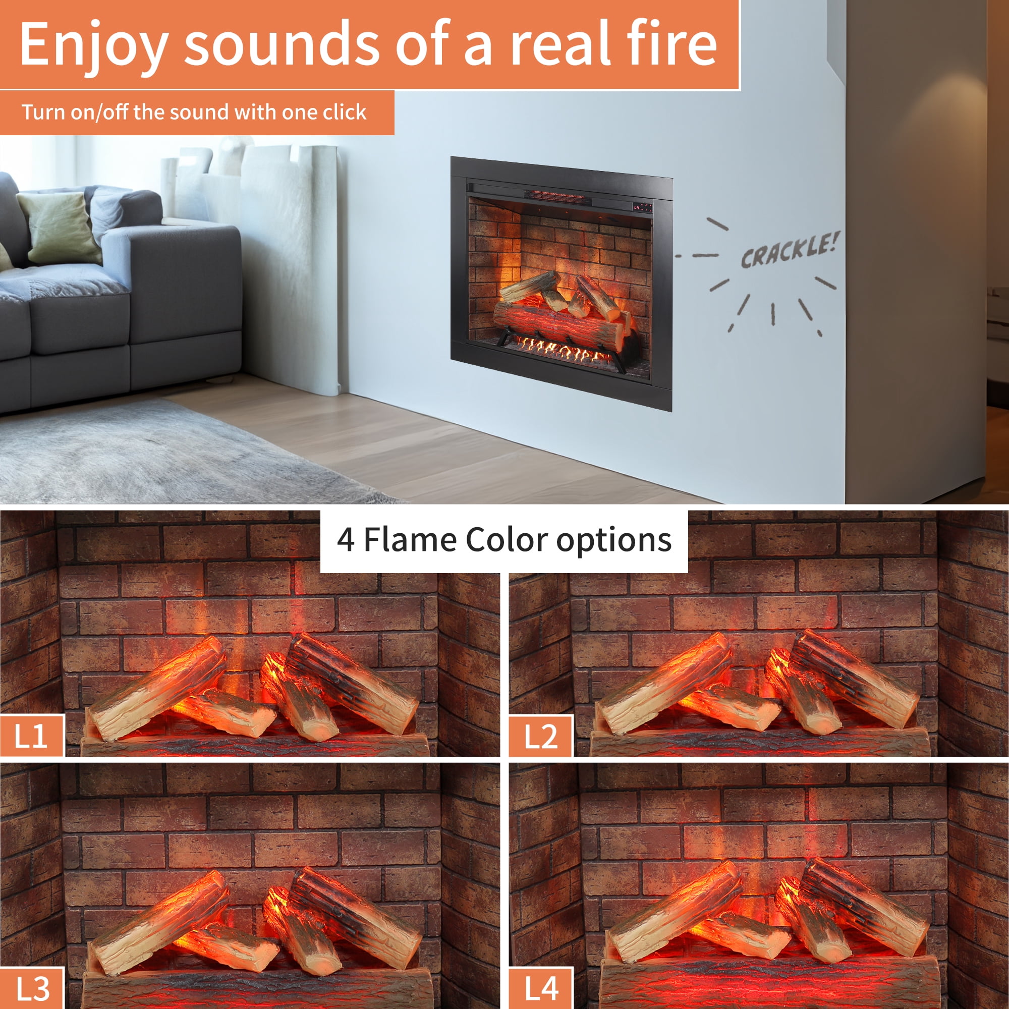 Innoflame 33" Electric Fireplace Insert with Fire Crackling Sound, Adjustable Flame/Temperature, Fireplace Heater with Remote/Timer, Removable Trim Kit, 1500W, Black