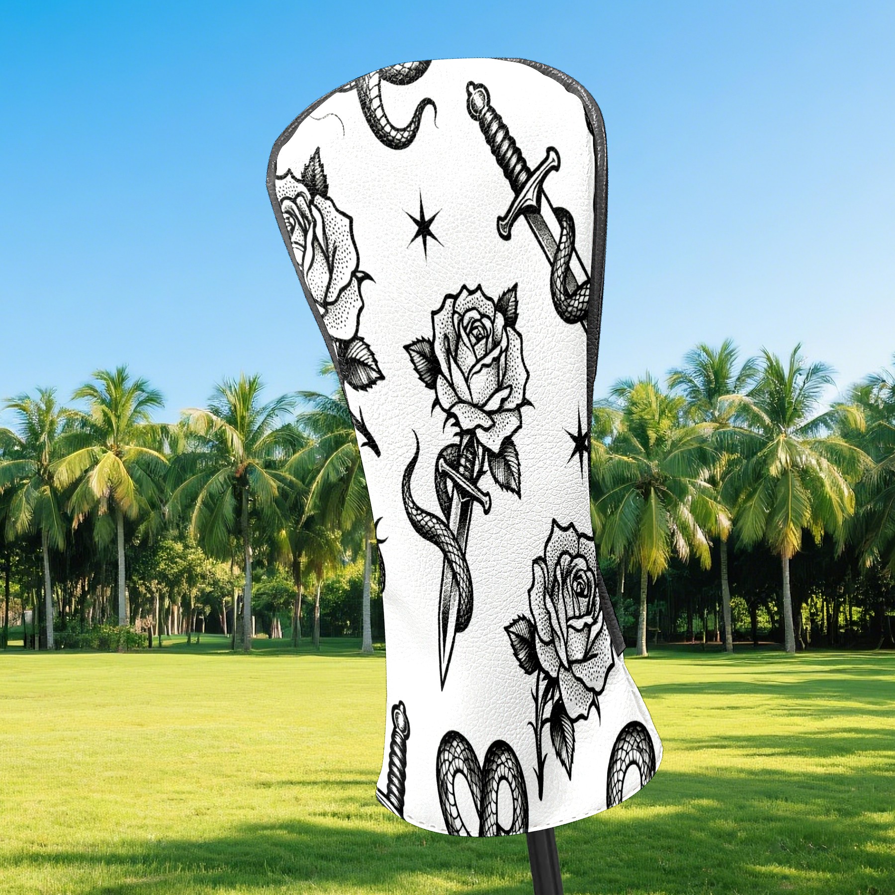 Golf Club Covers, BlackWhite RoseSword Premium PU Leather Driver Hybrid Putter Head Covers with Velvet Lining, Waterproof Golf Gifts for Men Women