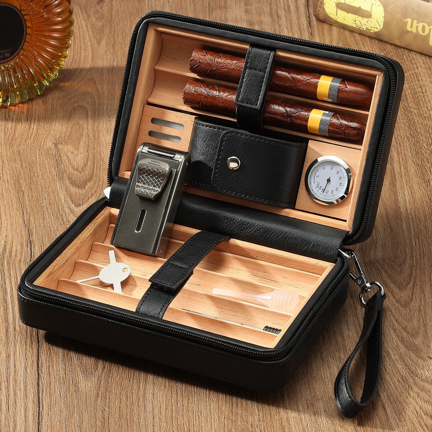 Portable Leather Cedar Wood Cigar Case with Double Jet Flame Lighter