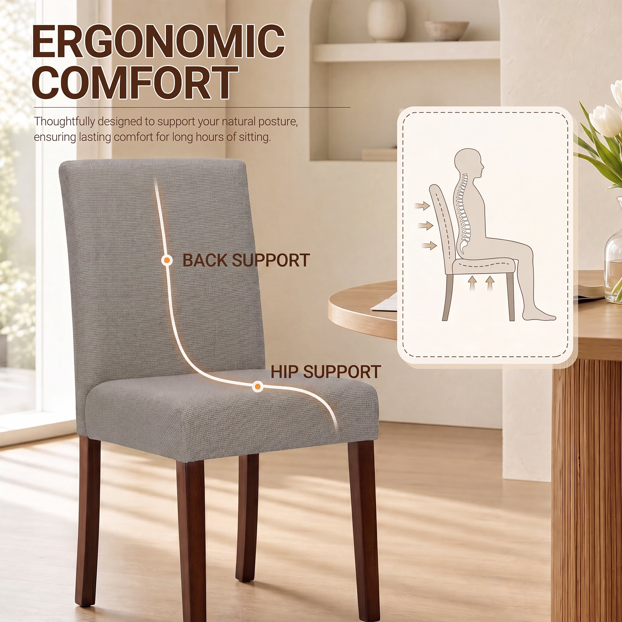 Upholstered Fabric Dining Chairs Set of 4 with Wood Legs, Modern Parsons Chairs with High Back for Kitchen, Dining Room, or Restaurant, Brown