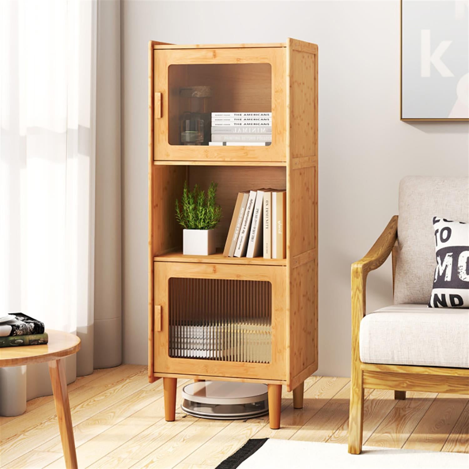 Demi Bonn Modern 3 Cube Storage Cabinet for Bedroom with Open Compartment and 2 Acrylic Doors, Bamboo Chest of Hallway, Entryway, Beige