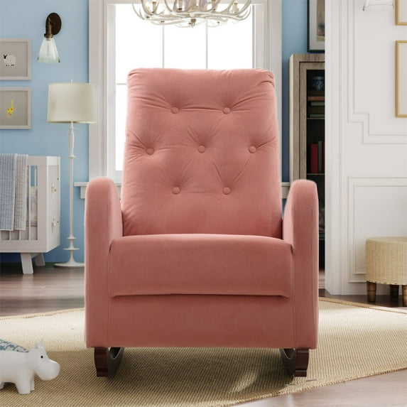 Upholstery Rocking Chair, Wingback Armchair with High Back and Armrest, Comfortable Rocker Single Sofa Chair with Fabric Padded Seat for Living Room Bedroom, Pink
