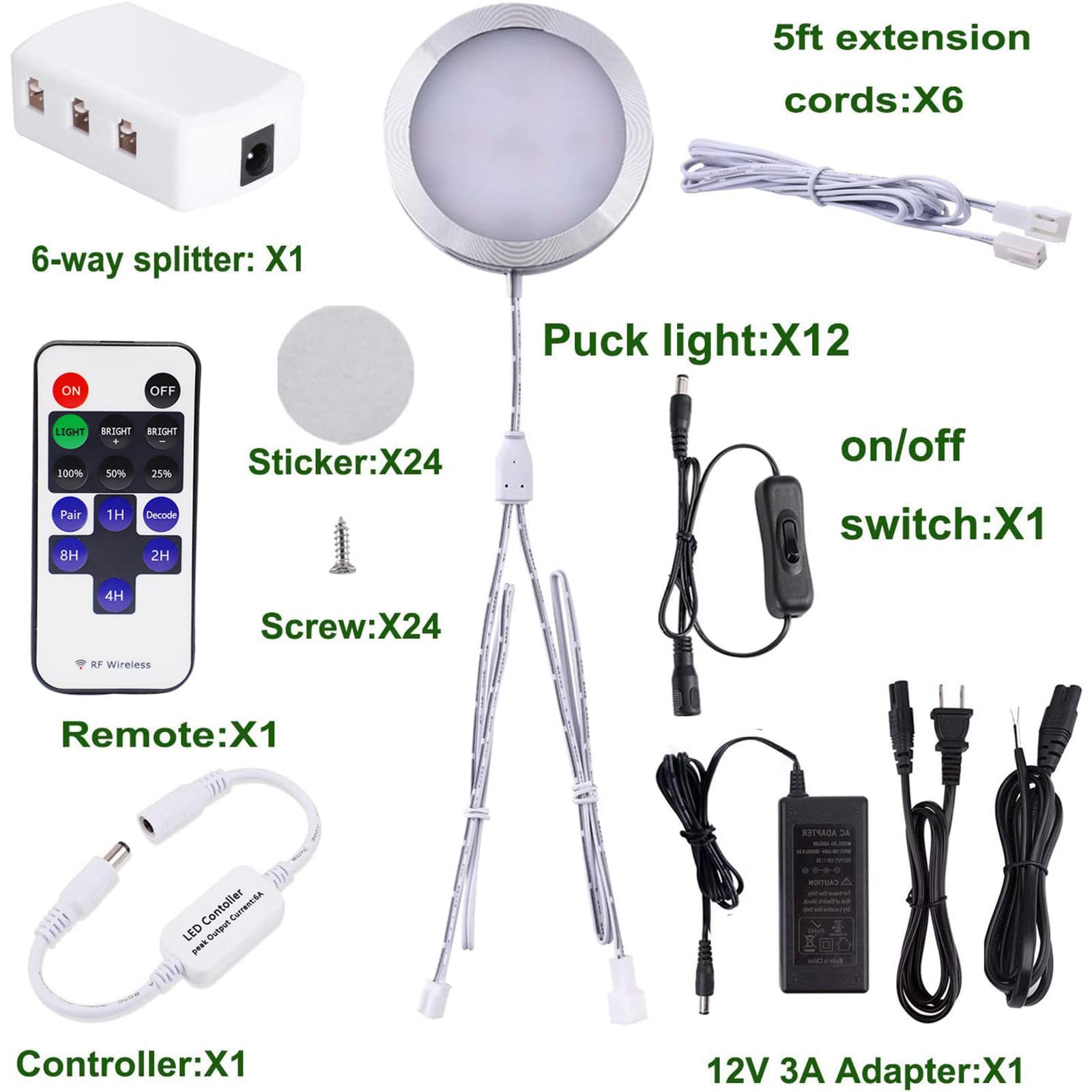 Linkable Under Cabinet LED Lighting Kit, 12V Dimmable Puck Lights with RF Remote, Hardwired or Plug-in, Warm White (12 Lights Kit)
