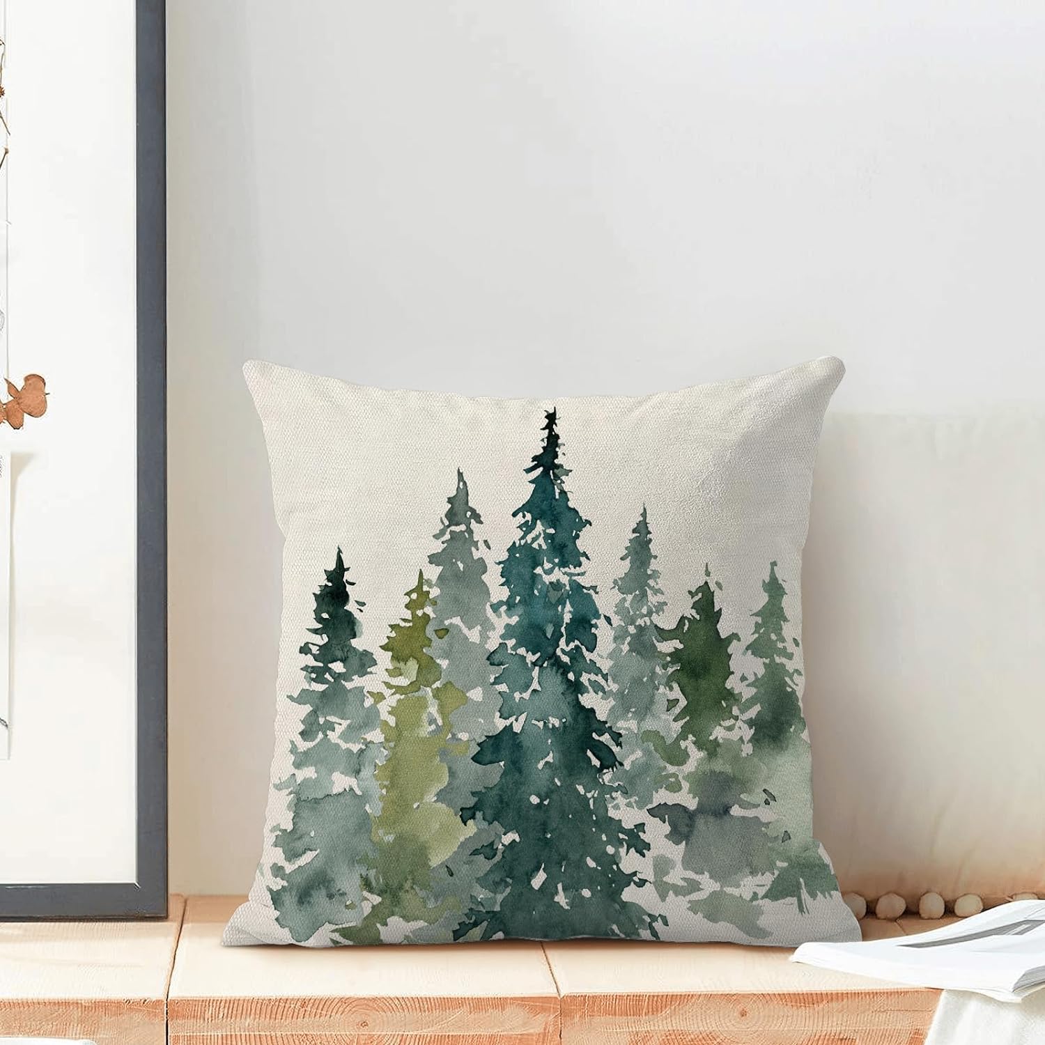 Christmas Pillow Covers 18x18 Set of 2, Green Watercolor Tree Christmas Decor Throw Pillow Covers Linen Farmhouse Winter Nature Themed Rustic Forest Cushion Case for Couch Sofa Home Outdoor