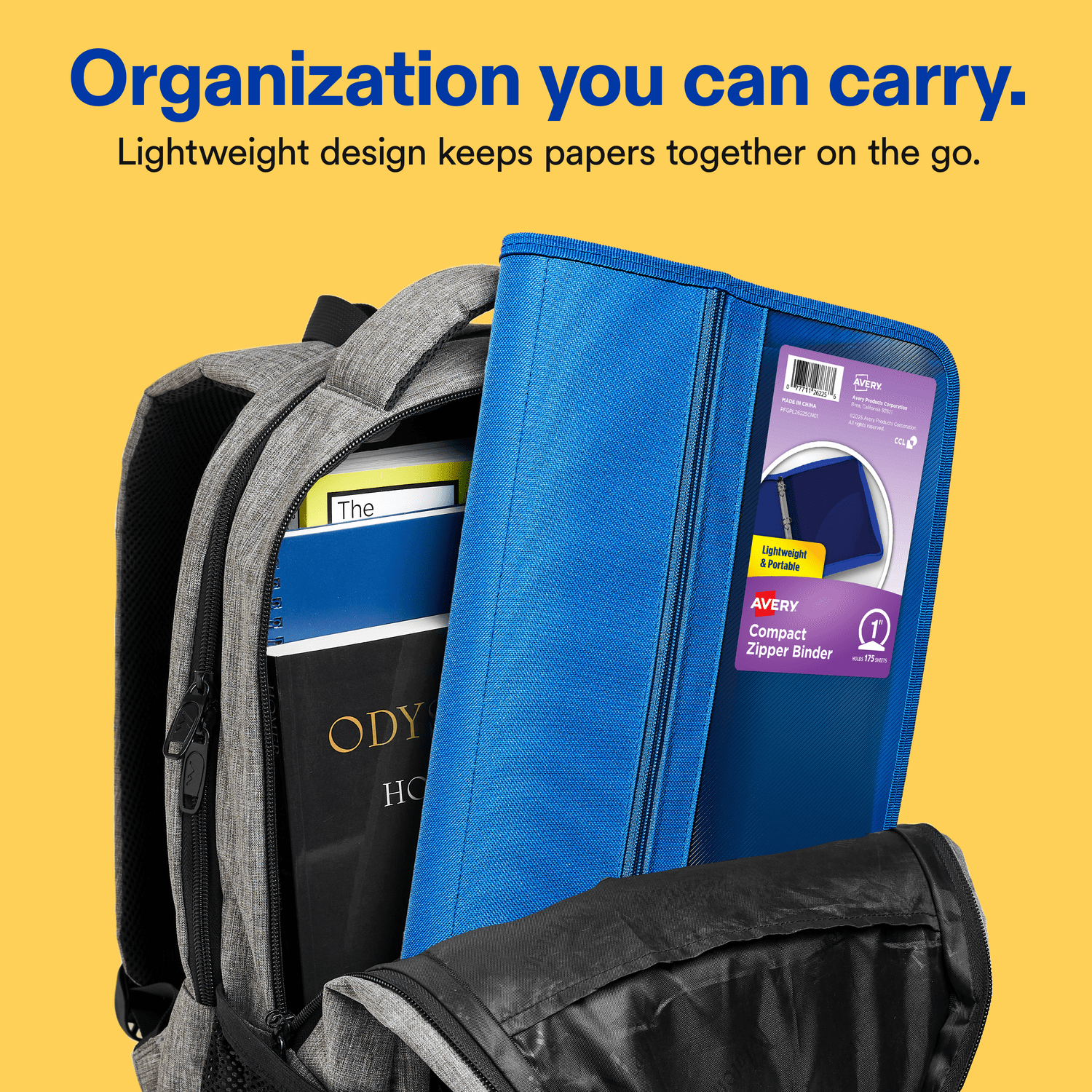 Avery Zipper Binder, 1", Blue, Round Ring, Front Pocket, Lightweight, 175 Sheet Capacity, 1 Binder