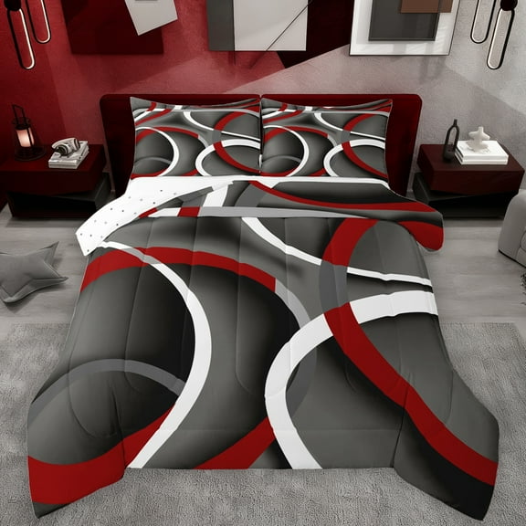 Manfei Vintage Geometric Stripe Bedding Comforter Set,Modern Abstract Art Twin Comforter Sets,Red Gray White Bedding Set For Men Women,Super Cozy Room Decor Reversible,2 Pieces