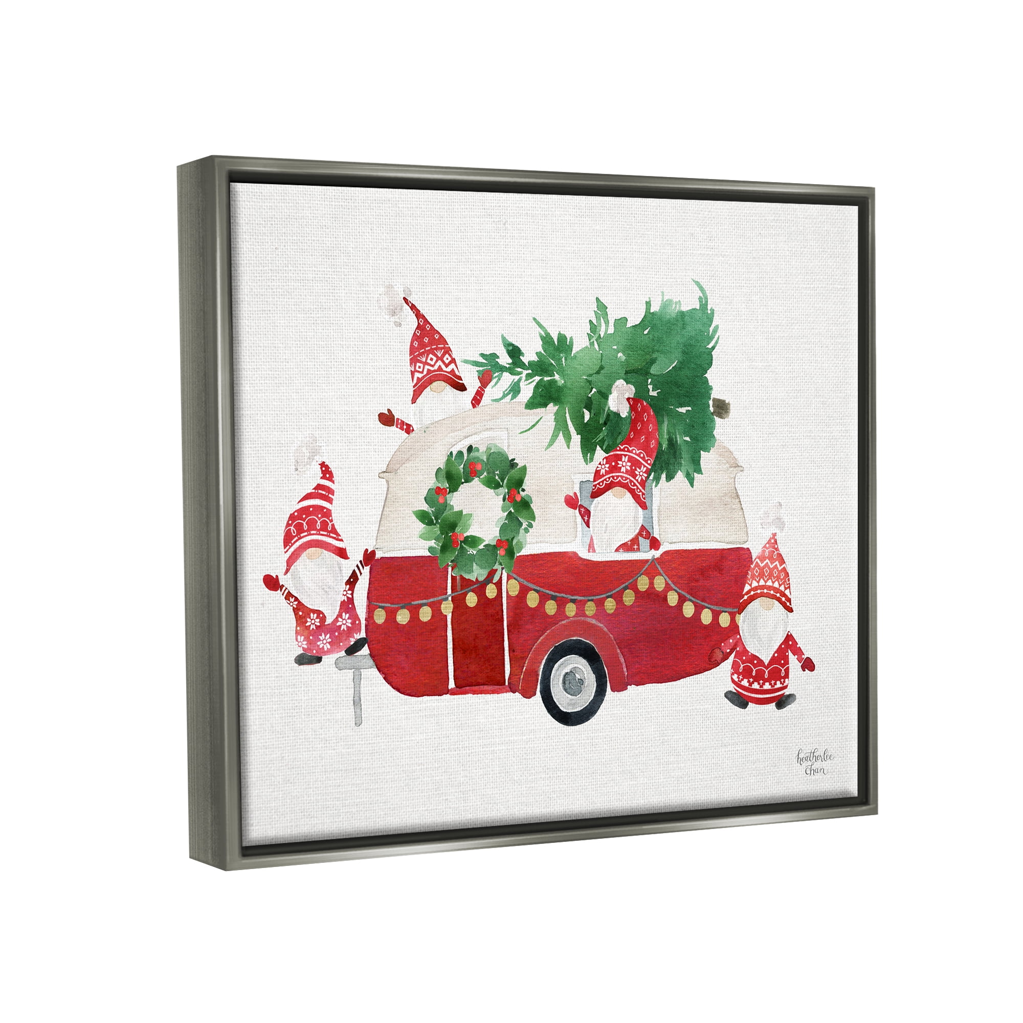 Stupell Industries Holiday Garden Gnomes Seasonal Holly Wreath Tree Painting Luster Gray Floating Framed Canvas Print Wall Art, Design by Heatherlee Chan