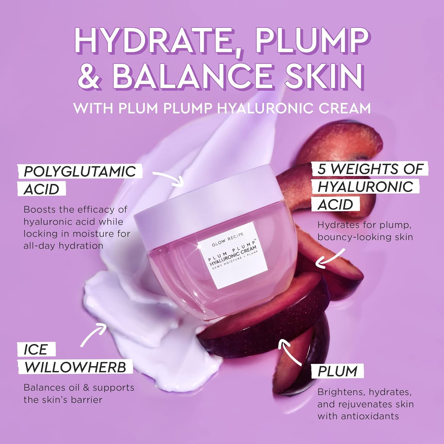 Glow Recipe Plum Plump Hyaluronic Acid Face Cream, Hydrating & Plumping Moisturizer with Peptides, Refillable, 50ml
