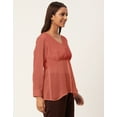 thumbnail image 2 of Moomaya Solid Cinched Waist Top, V-Neck Front Slit Buttoned Georgette Top, 2 of 8