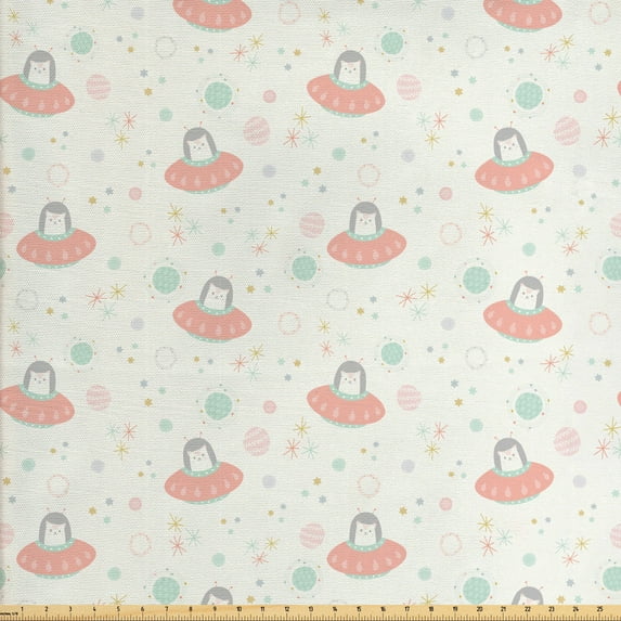 Cartoon Upholstery Fabric by the Yard, Pastel Art Continuous Pattern of Space Cats with Stars and Planets, Decorative Fabric for DIY and Home Accents, Eggshell Multicolor by Ambesonne