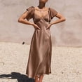 thumbnail image 4 of Aloohaidyvio Summer Dresses for Women 2024,Womens Summer Solid Color Short Sleeve V-Neck Long Dress Coffee M, 4 of 6