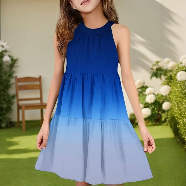 NTACZA Robe de Printemps à Col Haler pour Fille Sans Manches Décontractée Robe d'Été Ombre Plissée Évasée Midi pour Adolescente 130