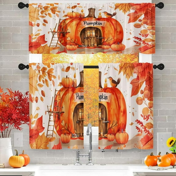 Autumn Rustic Wood Kitchen Curtains with Valance and Tier Sets 36 Inch, 3 Pieces Farmhouse Pumpkin Fall Leaf Rod Pocket Drapes Window Treatment Curtains for Kitchen Over Sink Dining Room Decor