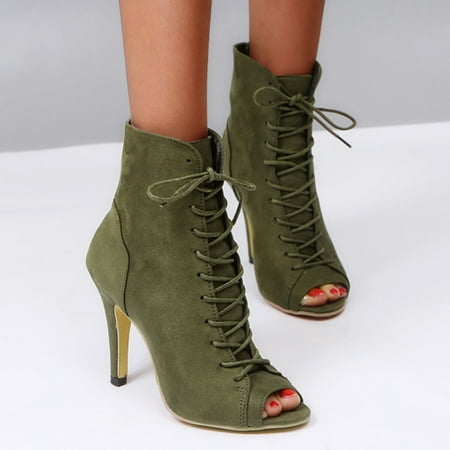 

(With shoe box) women s shoes Rome lace fish mouth stiletto high heel zipper ankle boots green 37