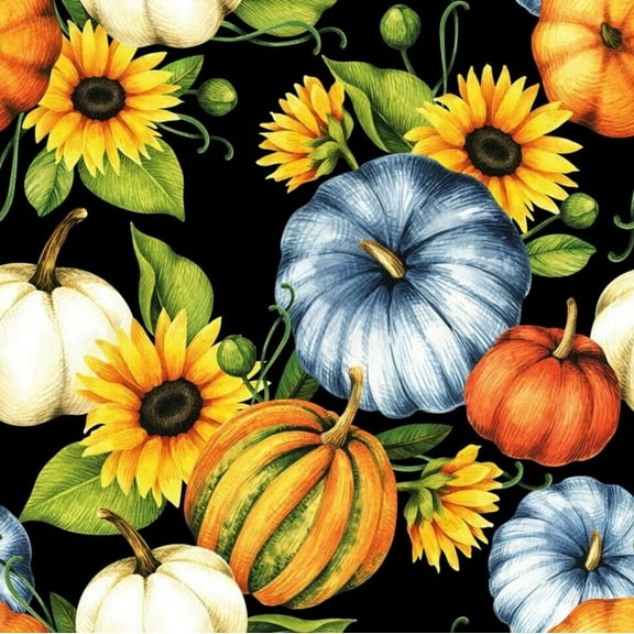 Fall Autumn Thanksgiving Pumpkins and Gourds on Black100% Cotton Fabric