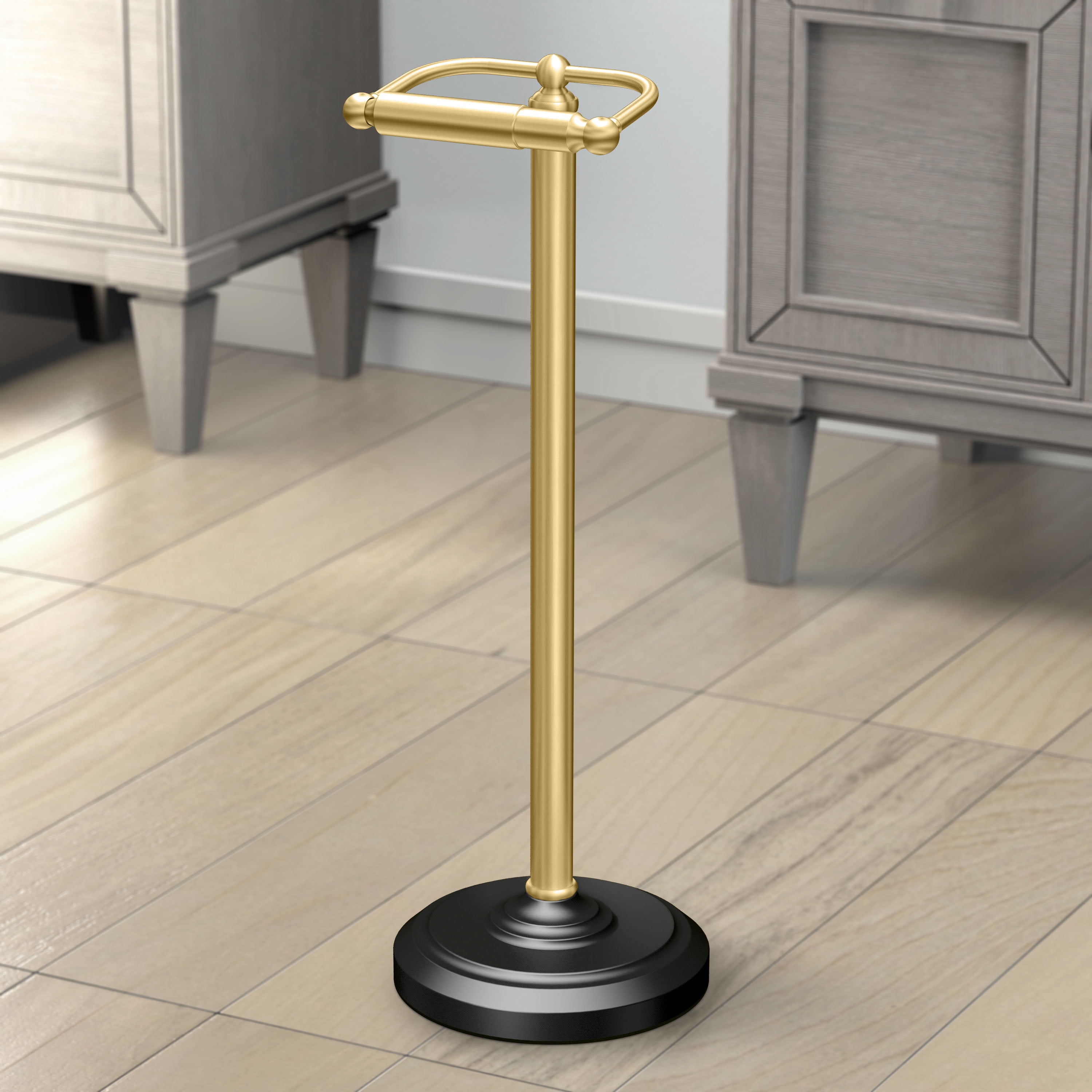 Gatco 1436MXB Pedestal Standing Toilet Paper Holder, Matte Black/Brushed Brass