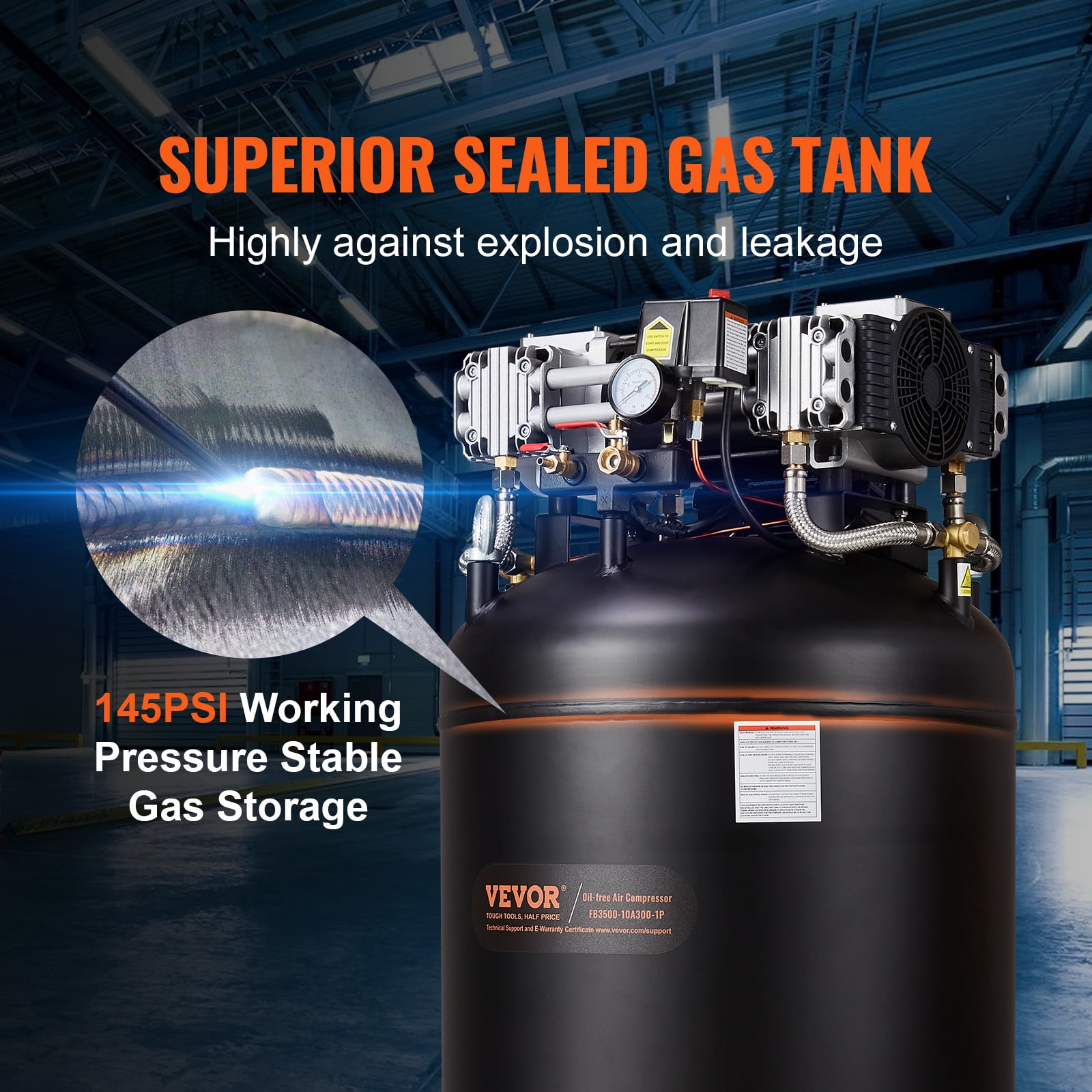 VEVOR 80 Gallon Compressor, 6.5HP, 15.5SCFM@90 PSI, Dual-Stage 145PSI, Oil-Free, 86dB Quiet Operation, Ideal for Manufacturing, Construction, Auto Repair